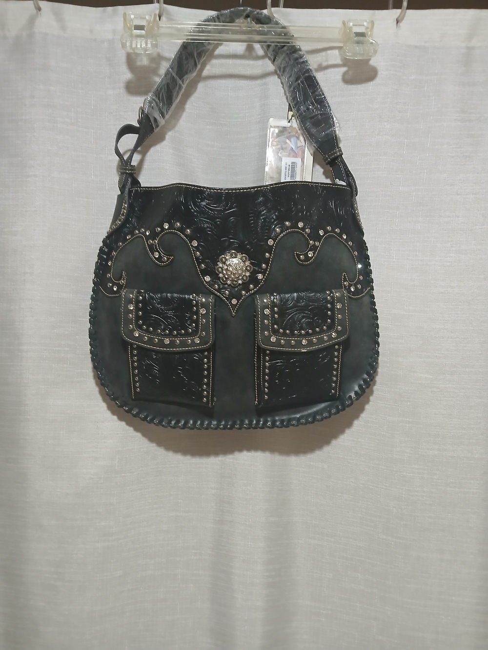 Montana West Carry & Concealed Black Studded Shoulder Bag with Floral Concho